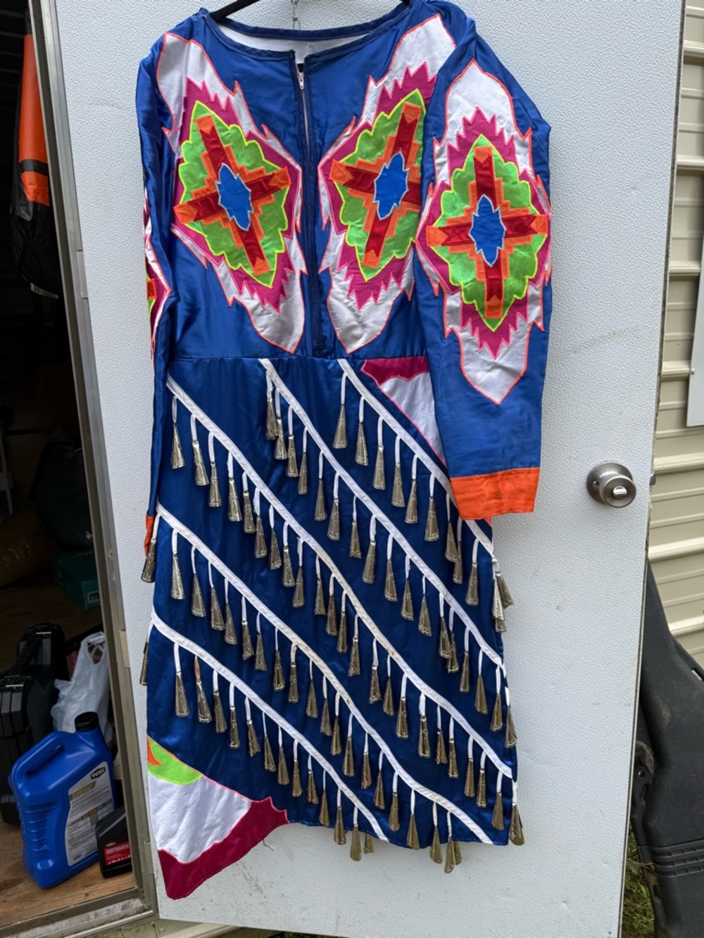 Blue Beaded Tassel Fringe Dress with Neon Geometric Panels